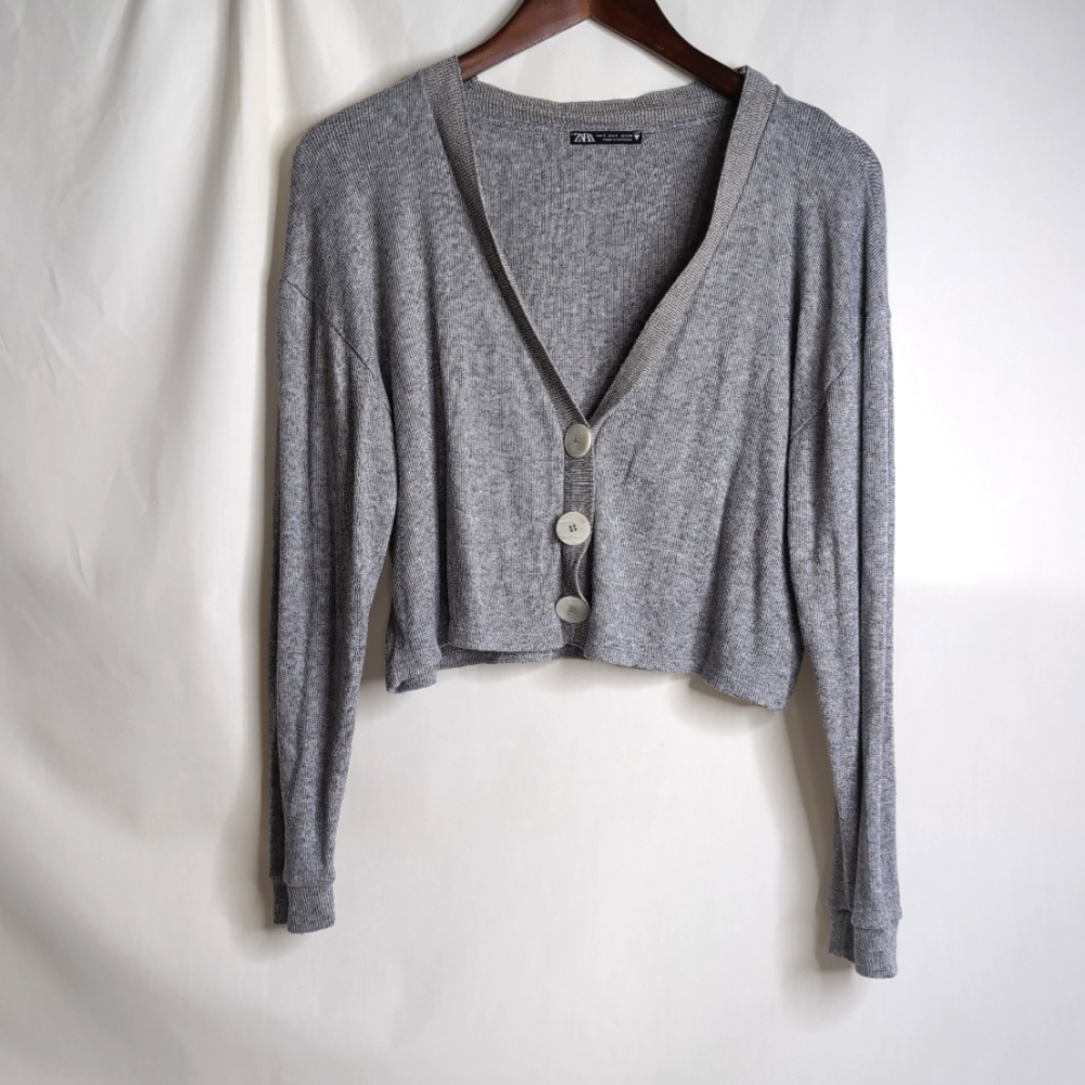 Zara Light weight Grey Cropped Button Cardigan, Size S